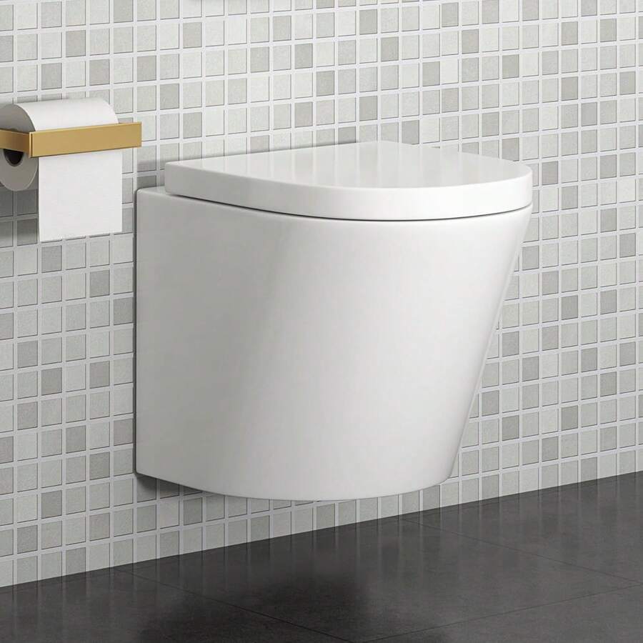 Modern 360mm Bathroom Short Projection Rimless Wall Hung Toilet With Soft Close Seat - Cesar - View 1
