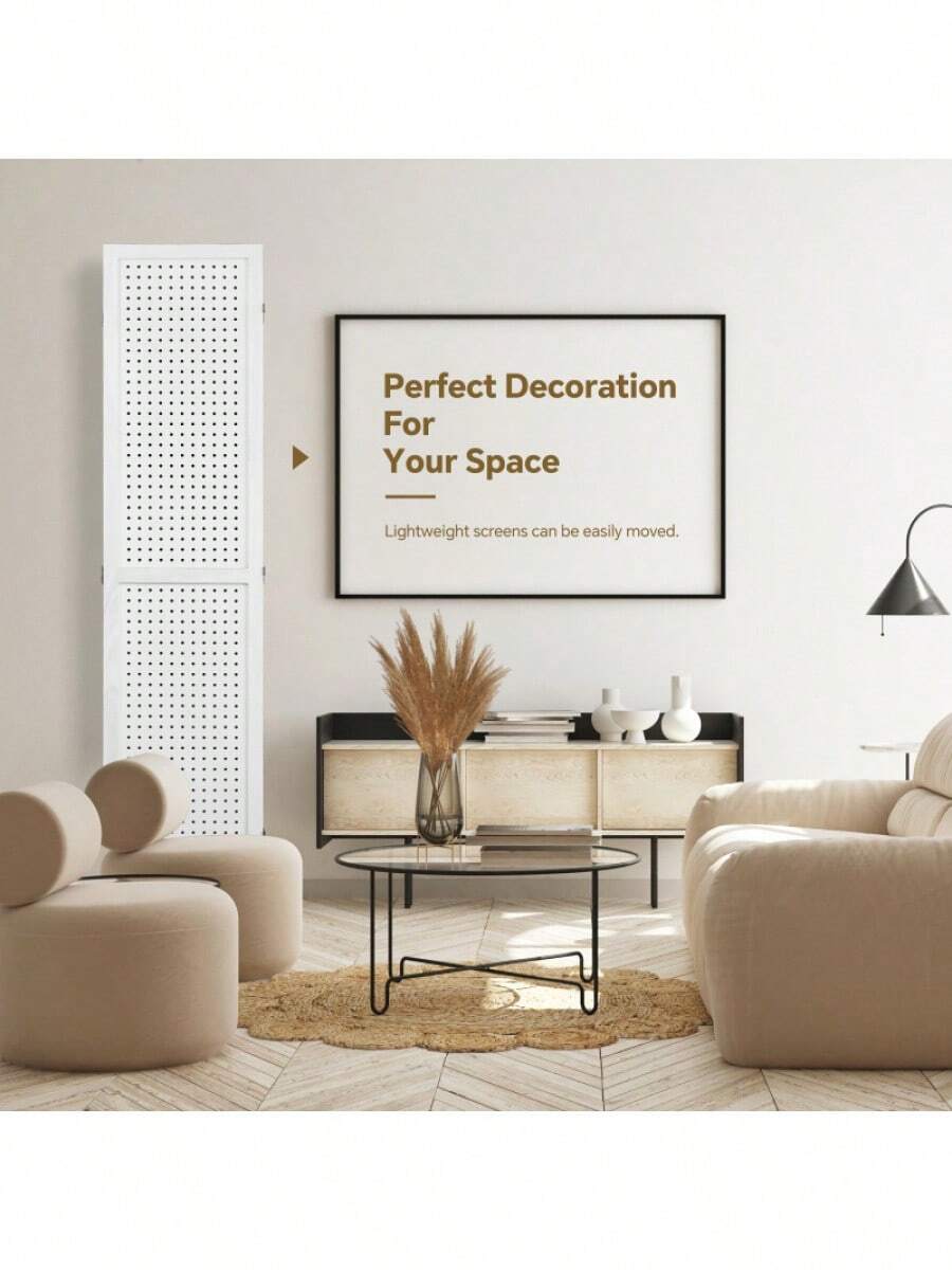 4 Panel Room Divider, 5.6Ft Pegboard Display Wooden Room Divider
