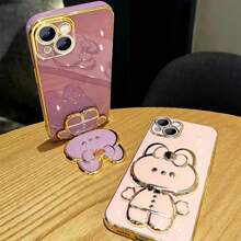 Lanyard 1pc Straight-Edge Electroplated Gold-Plated Bunny Hidden Mirror Stand Mobile Phone Case + Flower Beaded Bracelet Compatible With IPhone16 15 Proamx Compatible With Samsung S24 S23 S22 S21 A11 A12 A13 A14 A53 A54 OPPO A54 Vivo Y21 Redmi Note 9 Pro Waterproof Shockproof Anti-Fall Scratch Resistant - Purple - View 4