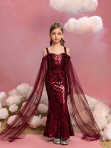 Đầm dự tiệc đuôi cá họa tiết sequin hở vai tay lưới cho bé gái tuổi mới lớn - Màu Đỏ Sâu - Xem 5
