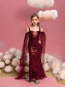 Đầm dự tiệc đuôi cá họa tiết sequin hở vai tay lưới cho bé gái tuổi mới lớn - Màu Đỏ Sâu - Xem 6