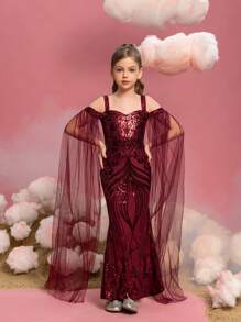 Đầm dự tiệc đuôi cá họa tiết sequin hở vai tay lưới cho bé gái tuổi mới lớn - Màu Đỏ Sâu - Xem 4