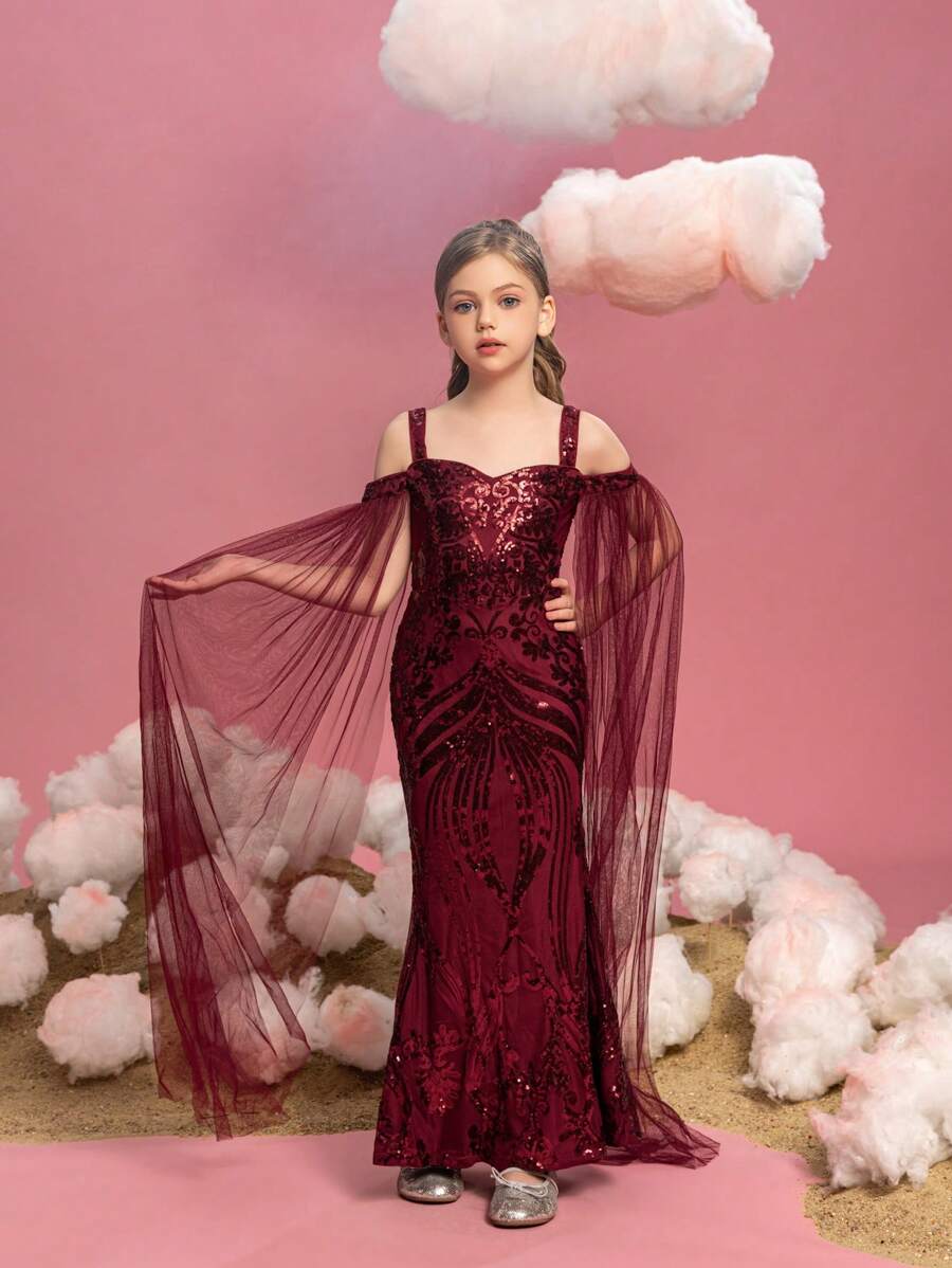 Đầm dự tiệc đuôi cá họa tiết sequin hở vai tay lưới cho bé gái tuổi mới lớn