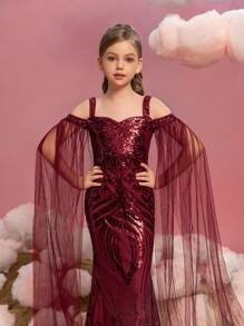 Đầm dự tiệc đuôi cá họa tiết sequin hở vai tay lưới cho bé gái tuổi mới lớn - Màu Đỏ Sâu - Xem 9