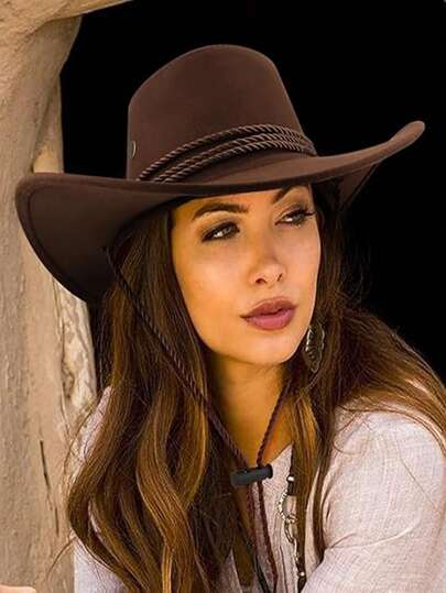 1pc Vintage Western Cowboy Hat, Soft PU Rope Decor, Suitable For Halloween, Daily, Travel, Holiday, Sun Protection, Outdoor Activities