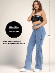 Hello Meet | Pantalones Vaqueros Acampanados con Cremalleras Laterales, Tiro Alto, Azul Desgastado - Azul - Ver 6
