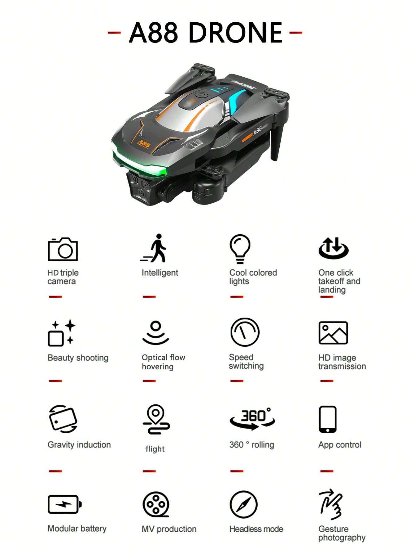 הA88 Black Aerial מזל"ט צילום מצויד בשלוש מצלמות High Definition