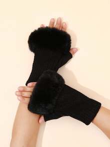 1 双女士拼接半指手套，冬季保暖毛绒加厚无指手套 - 彩色 - 查看 4