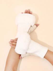 1 双女士拼接半指手套，冬季保暖毛绒加厚无指手套 - 彩色 - 查看 3