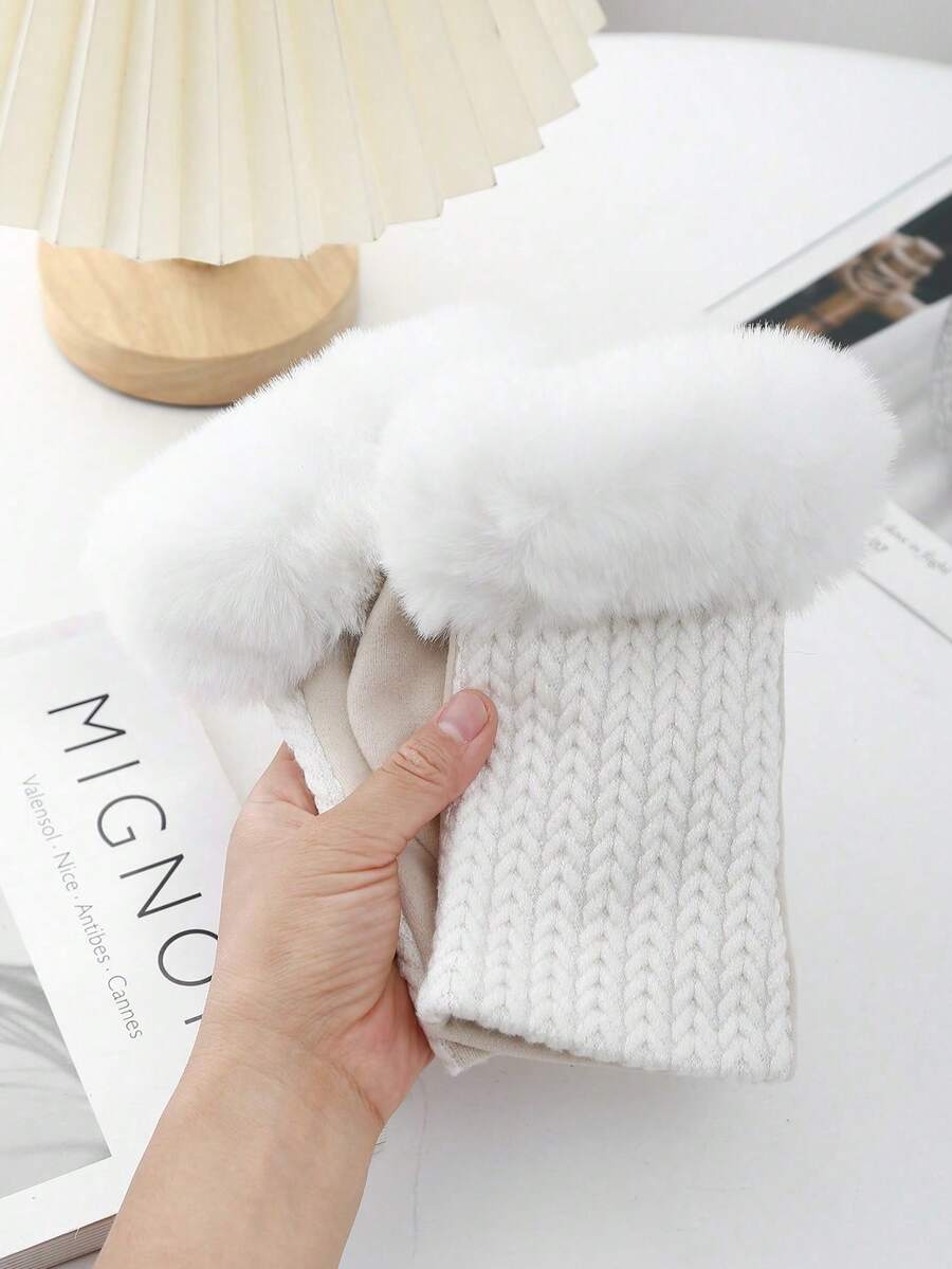 1 双女士拼接半指手套，冬季保暖毛绒加厚无指手套 - 彩色 - 查看 1