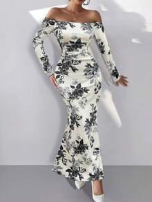 女士露肩长袖针织腰部收紧花卉印花褶皱紧身美人鱼连衣裙，优雅