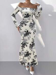 女士露肩长袖针织腰部收紧花卉印花褶皱紧身美人鱼连衣裙，优雅
