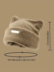 1 Mũ len trang trí nhãn sắt có tai dễ thương, ấm áp, lông mềm mại, mũ len mùa đông co giãn, dành cho nữ, hoạt động ngoài trời - Nhiều màu - Xem 6