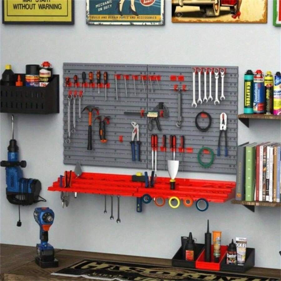54 Piece Tool Storage Rack With 50 Hooks, Pegboard And Shelf Tool
