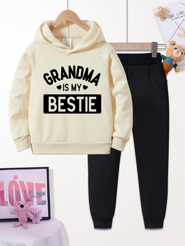 2pcs/Set Young Girl Letter Slogan Print Fleece Hoodie And Sweatpants
