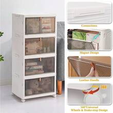 4 Tier Folding Storage Box,Plastic Collapsible Storage Box With Wheels,Stackable Storage Boxes With Lids And Front Opening Door,Storage Container For Room Bedroom Kitchen Office 43.5*31.5*28cm - White - View 5