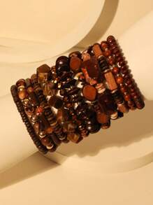 12 قطعة/مجموعة من أساور خرزية بوهيمية من الخرز الخشبي وراتنج البني الداكن المتطبقة، مناسبة للنساء للحفلات والاستخدام اليومي - قهوة بني - مشاهدة 4