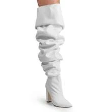 Over The Knee Wide Calf Slouchy Chunky Heel Boots - 白色 - 查看 7