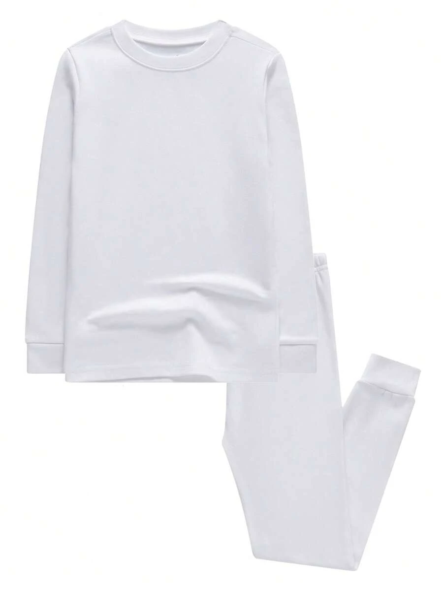 2pcs/Set Tween Girl White Solid Color Long Sleeve Top And Pants, Thick Snug Fit Warm Winter Pajama Set