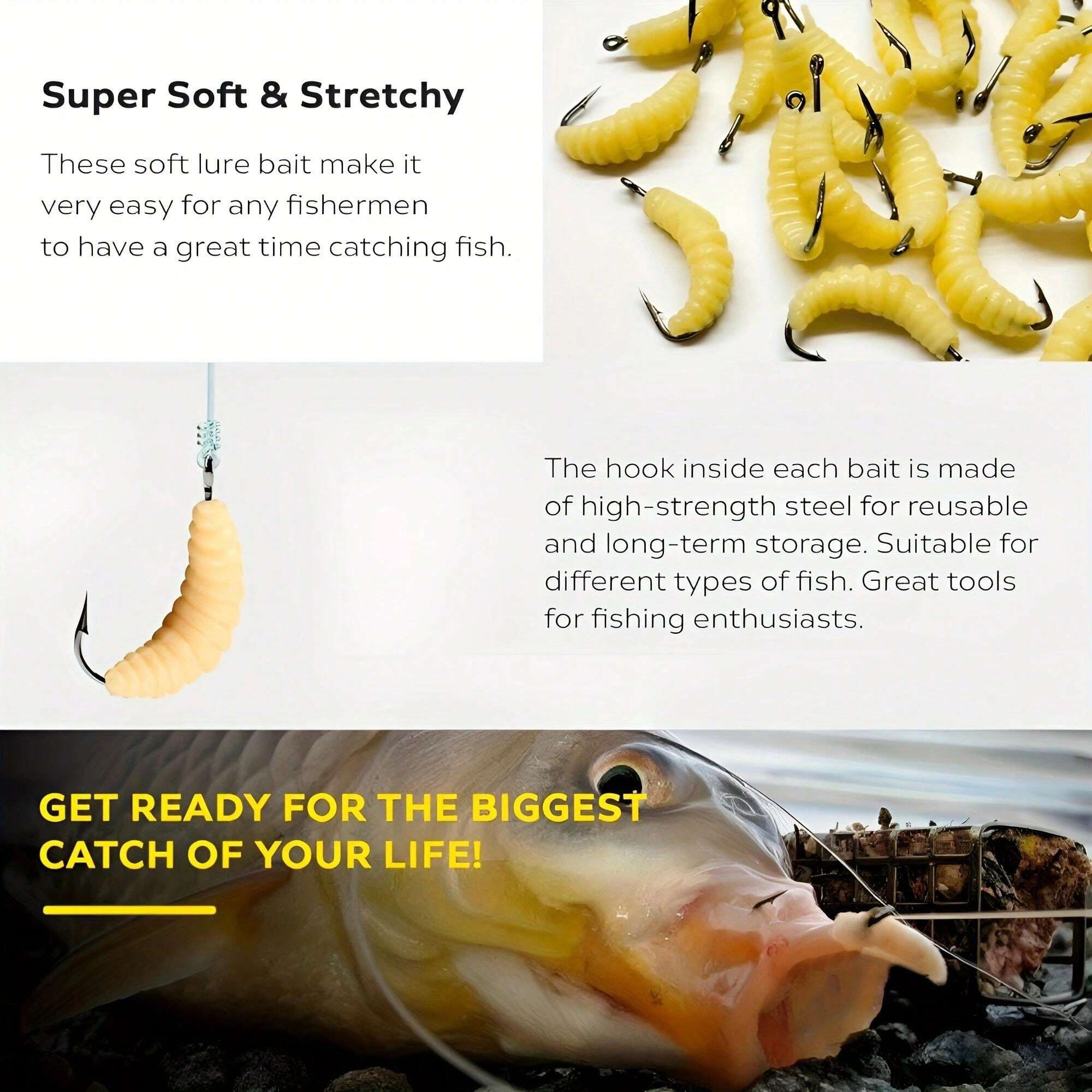 1Dozen Rubber Maggots Fishing Bait (12 Pcs), Fishing Maggots, Bulk