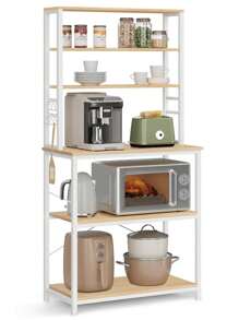VASAGLE Coffee Bar, 31.5 Inches Baker's Rack For Kitchen With Storage, 6-Tier Kitchen Shelves With 6 Hooks, Microwave Stand, Industrial, Oak Colour And White - Màu be - Xem 9