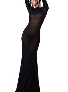 Women's Stunning Long Bodycon Gown Solid Hue See-Through Mesh Sheer Long Sleeve Crossover Tie-Up Backless Evening Party Attire - 黑色 - 查看 2