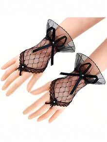 钩指网眼手套婚纱黑色蝴蝶结短手套，简约修身手套，优雅蝴蝶结装饰蕾丝无指手套，适合派对万圣节 - 彩色 - 查看 9