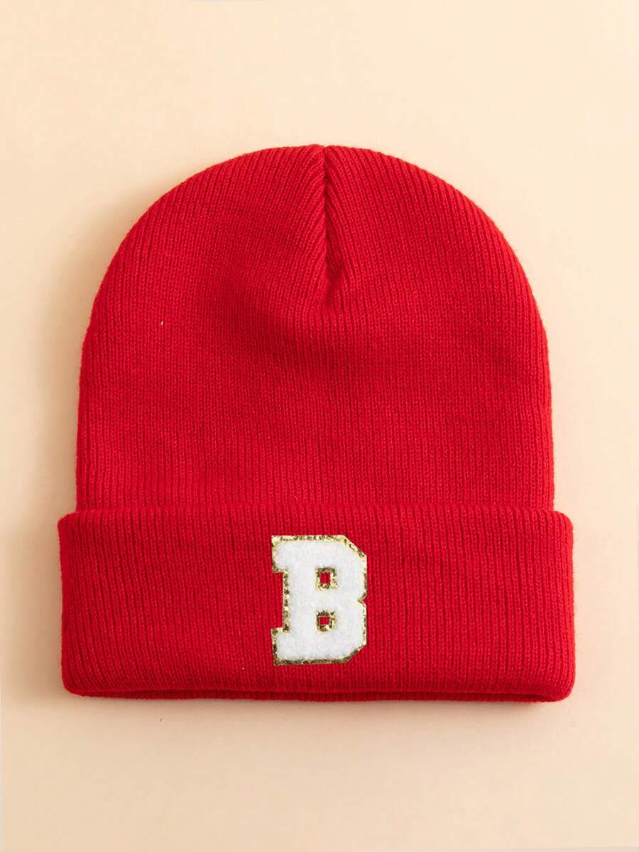 1pc Red Kids' Knitted Beanie Hat With Fuzzy English Letter Patch, Y2K
