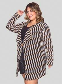 Plus Size Cardigans Long Knitted Elongated Women's Knit Cardigan Cold Shoulder Top Striped Kimono Kimono Coat Winter Elegant - 亮橙色 - 查看 2