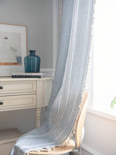 Bubaba 1pc Blue Jacquard Blackout Curtain, Bohemian Nordic Style Knitted Stripe Hollow-Out Design For Bedroom Decoration, Suitable For Kitchen, Bedroom, Dining Room, Living Room, Darkening Curtain, Seasonal Decor