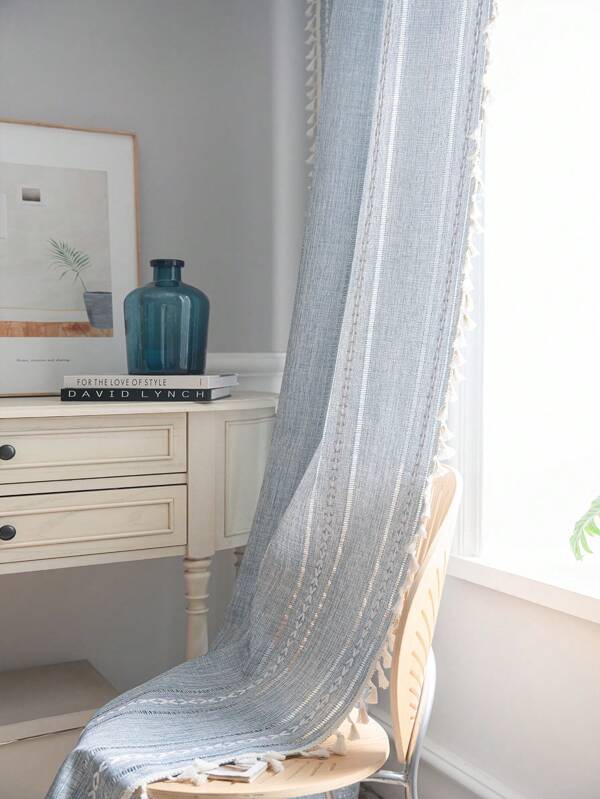 Bubaba 1pc Blue Jacquard Blackout Curtain, Bohemian Nordic Style Knitted Stripe Hollow-Out Design For Bedroom Decoration, Suitable For Kitchen, Bedroom, Dining Room, Living Room, Darkening Curtain, Seasonal Decor