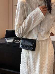 Mini Rhinestone Metal Decor Crossbody Bag, Fashion Flap PU Metal Chain Strap Underarm Bag, Women's Stylish Wallet - Black - View 3