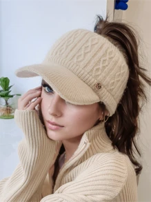 Cozy Knit Ponytail Visor Cap For Women - Thick, Warm Ear-Warming Baseball Hat With Adjustable Strap, Perfect For Autumn & Winter