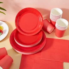 Bộ 24 đĩa giấy và khăn ăn dùng một lần màu đỏ, thích hợp cho sinh nhật, tiệc cưới, dã ngoại gia đình - Đỏ - Xem 4