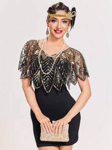 1 chiếc khăn choàng tua rua đính hạt phong cách retro thập niên 1920 dành cho nữ, thích hợp cho tiệc trang trọng, đám cưới, đêm Harlem, - vàng đen - Xem 4