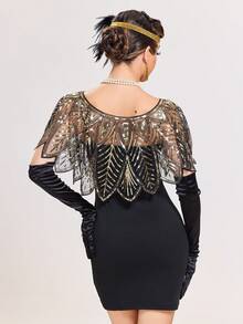 1 chiếc khăn choàng tua rua đính hạt phong cách retro thập niên 1920 dành cho nữ, thích hợp cho tiệc trang trọng, đám cưới, đêm Harlem, - vàng đen - Xem 2