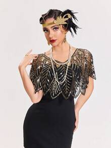 1 chiếc khăn choàng tua rua đính hạt phong cách retro thập niên 1920 dành cho nữ, thích hợp cho tiệc trang trọng, đám cưới, đêm Harlem, - vàng đen - Xem 3