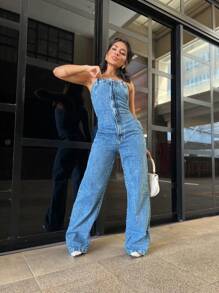 Women's Strapless Long Denim Jumpsuit With Buttons And Zipper The Back Is Elastic - Medium Wash - View 1