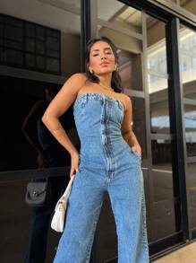 Women's Strapless Long Denim Jumpsuit With Buttons And Zipper The Back Is Elastic - Medium Wash - View 2