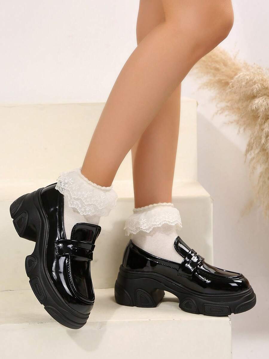 Giày lười đế xuồng đế xuồng mới cho nữ, giày lười da bóng màu đen thời trang, giày nữ thoải mái, đa năng và thanh lịch - màu đen - Xem 1