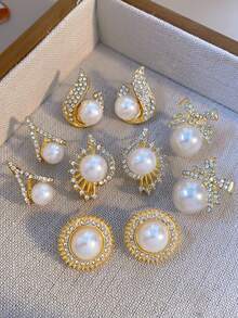 Bộ 5 đôi hoa tai ngọc trai giả hình học độc đáo có nơ thủy tinh khảm hình ngọn lửa, phụ kiện tinh tế dành cho phụ nữ, quà tặng tiệc/ngày lễ - Vàng - Xem 2