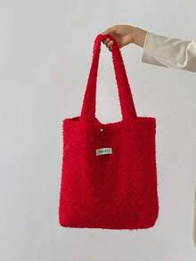 复古红色毛绒手提包，女士大容量单肩包，时尚简约手提包，厚实秋冬款，轻便可折叠手提包，适合大学生/高中生，上班通勤，购物，旅游，健身，搭配各种服装 - 紅色 - 查看 5