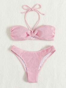 Summer Beach Light Pink Bikini Set With Neck Tied Sexy Split Bikini Set - Baby Pink - View 6