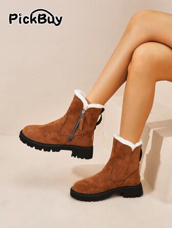 PickBuy 女士时尚棕色摩托车靴，冬季温暖舒适的棕色切尔西靴，侧拉链设计，带保暖内衬的雪地靴，休闲百搭仿皮和毛皮短靴