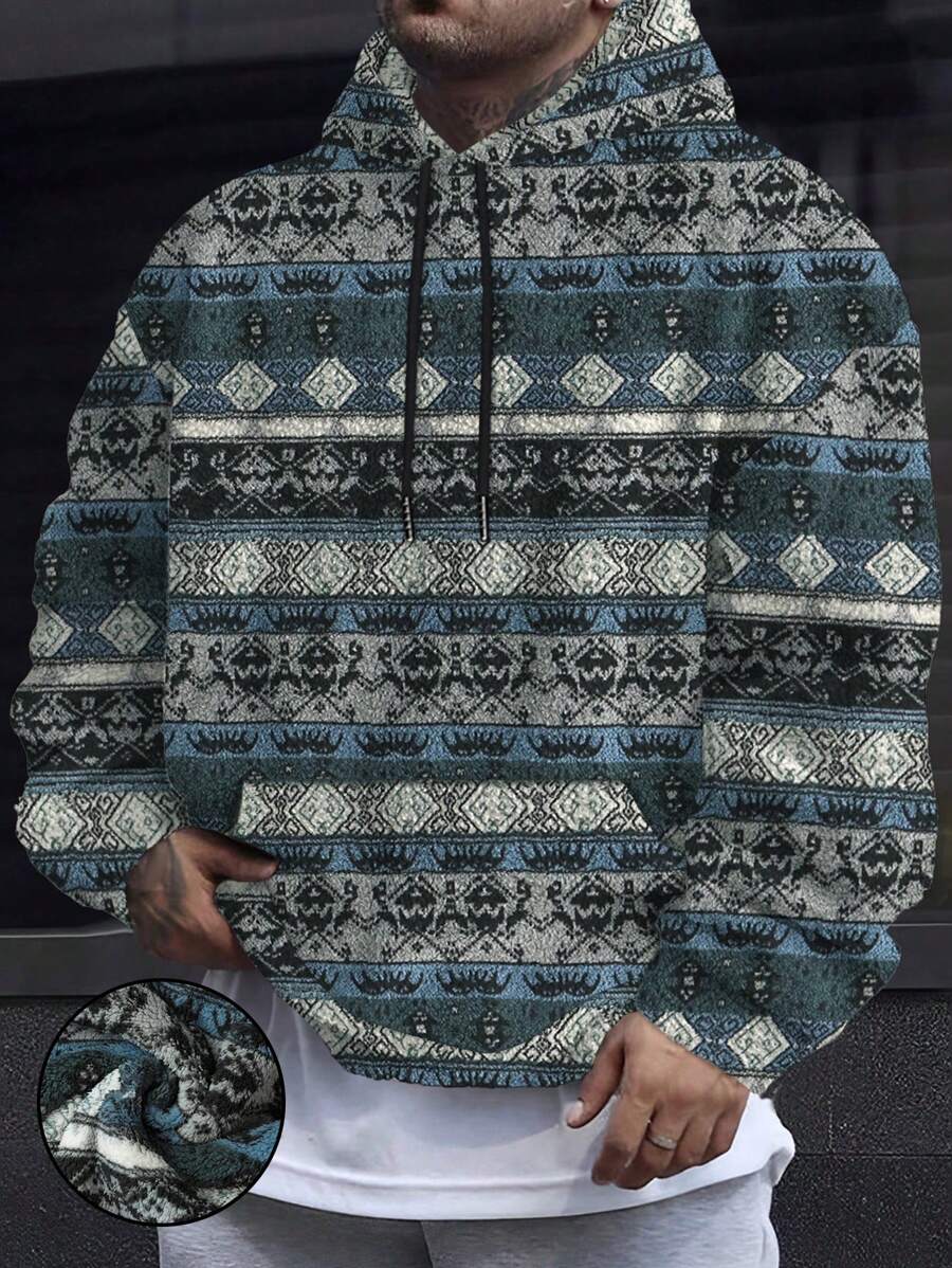 Sudadera con capucha de felpa con estampado de tótem para hombre - Agua verde azul - Ver 1