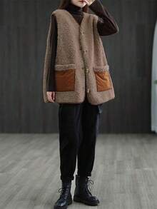 Damen Lässige & Hauskleidung Luftige Passform Ärmellose Kontrast-Farbe Tasche Plüsch Weste, für Herbst/Winter