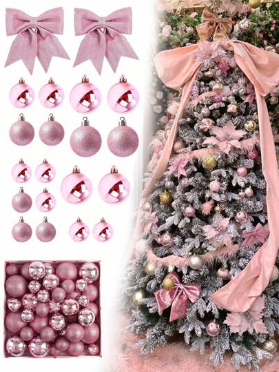 44件/套 - 粉色圣诞装饰球，丝带系结圣诞球装饰套装，粉色蝴蝶结，适用于圣诞树、节日、婚礼派对、家居装饰，防碎圣诞树装饰，闪亮节日悬挂装饰（粉色）