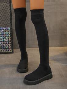 Giày bốt cao đến đầu gối đế dày được thiết kế dành riêng cho phụ nữ, có độ đàn hồi, vải nỉ đan, giày bốt một mảnh! Giày bốt cao đến đầu gối đế dày, thiết kế đơn giản, thời trang và thoải mái, phù hợp cho các hoạt động ngoài trời, đàn hồi và vừa vặn, thời trang và thoải mái, cổ điển và đa năng, đẹp nhưng vẫn ấm áp! - màu đen - Xem 4