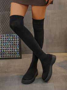 Giày bốt cao đến đầu gối đế dày được thiết kế dành riêng cho phụ nữ, có độ đàn hồi, vải nỉ đan, giày bốt một mảnh! Giày bốt cao đến đầu gối đế dày, thiết kế đơn giản, thời trang và thoải mái, phù hợp cho các hoạt động ngoài trời, đàn hồi và vừa vặn, thời trang và thoải mái, cổ điển và đa năng, đẹp nhưng vẫn ấm áp! - màu đen - Xem 5