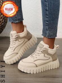Women's White Casual Shoes, Sports Shoes, 2024 Winter New Item With Added Fleece Insulation, Outdoor Thick Sole Height Increase, Fashionable And Versatile Vacation Style, Student Outdoor Hiking And Skateboarding Shoes, Flat Chunky Sneakers, Snow Boots, Women's Shoes